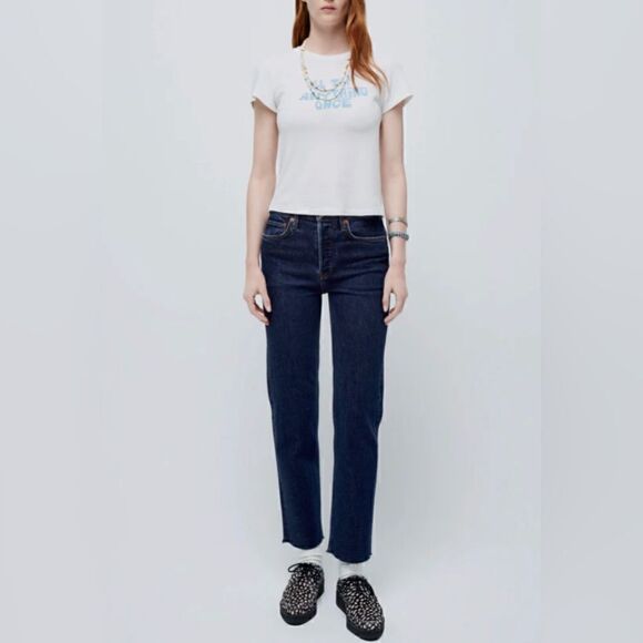 Re/Done High Rise Button Fly Raw Hem Crop Straight Comfort Stretch Jeans 26 - Picture 1 of 11